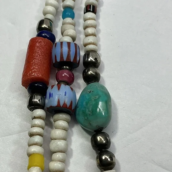 Vintage Ethnic Necklace Multi Strand Glass Gemstone Millefiori Trade Beads Boho